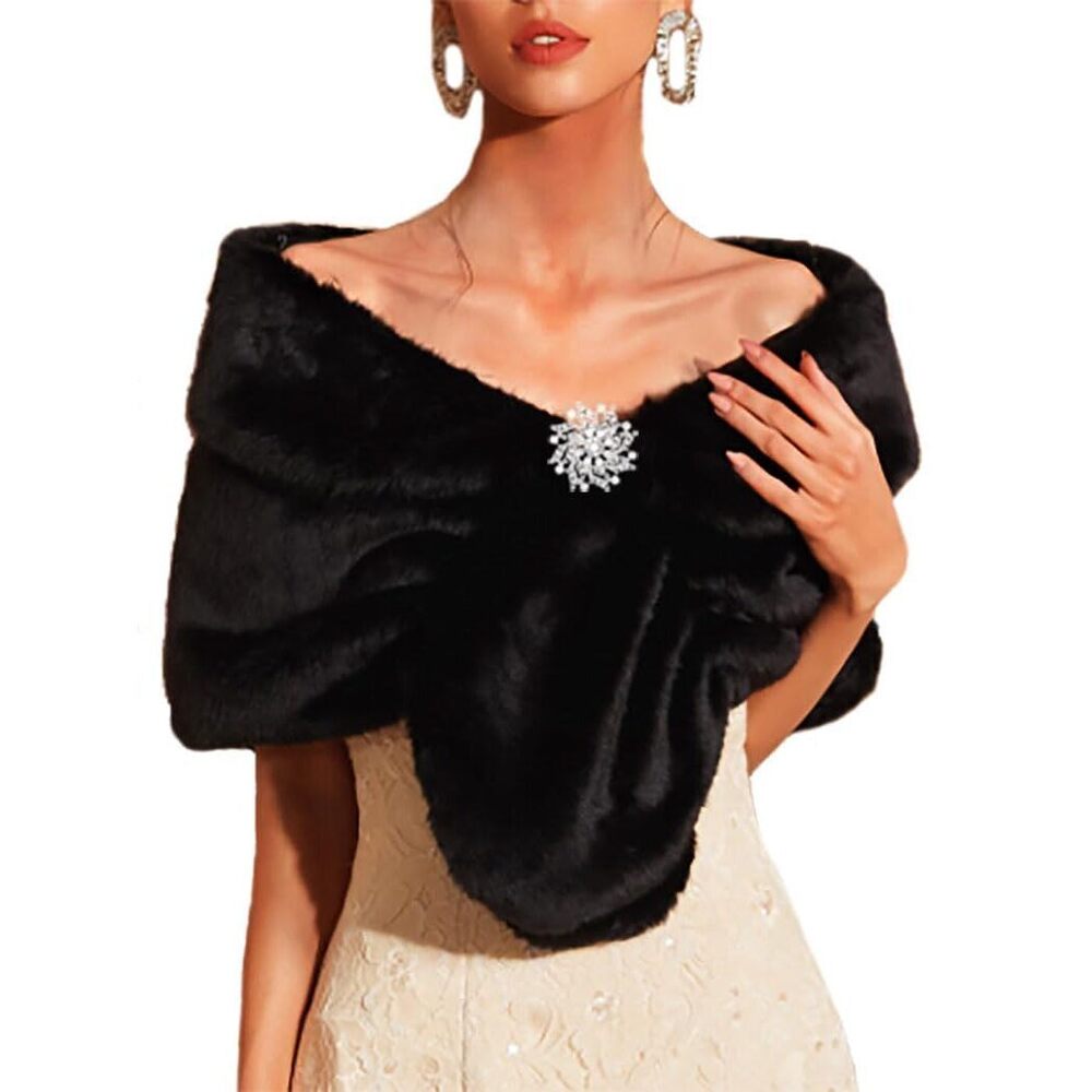 6939 Women's Faux Fur Shawl Wraps Winter Wedding Scarf For Bride